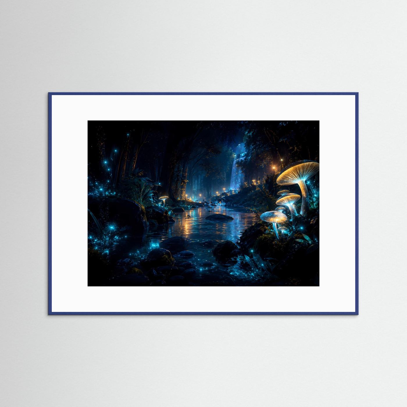 Magischer Nachtwald mit leuchtenden Pilzen | Mystischer Wasserfall in Blau & Gold