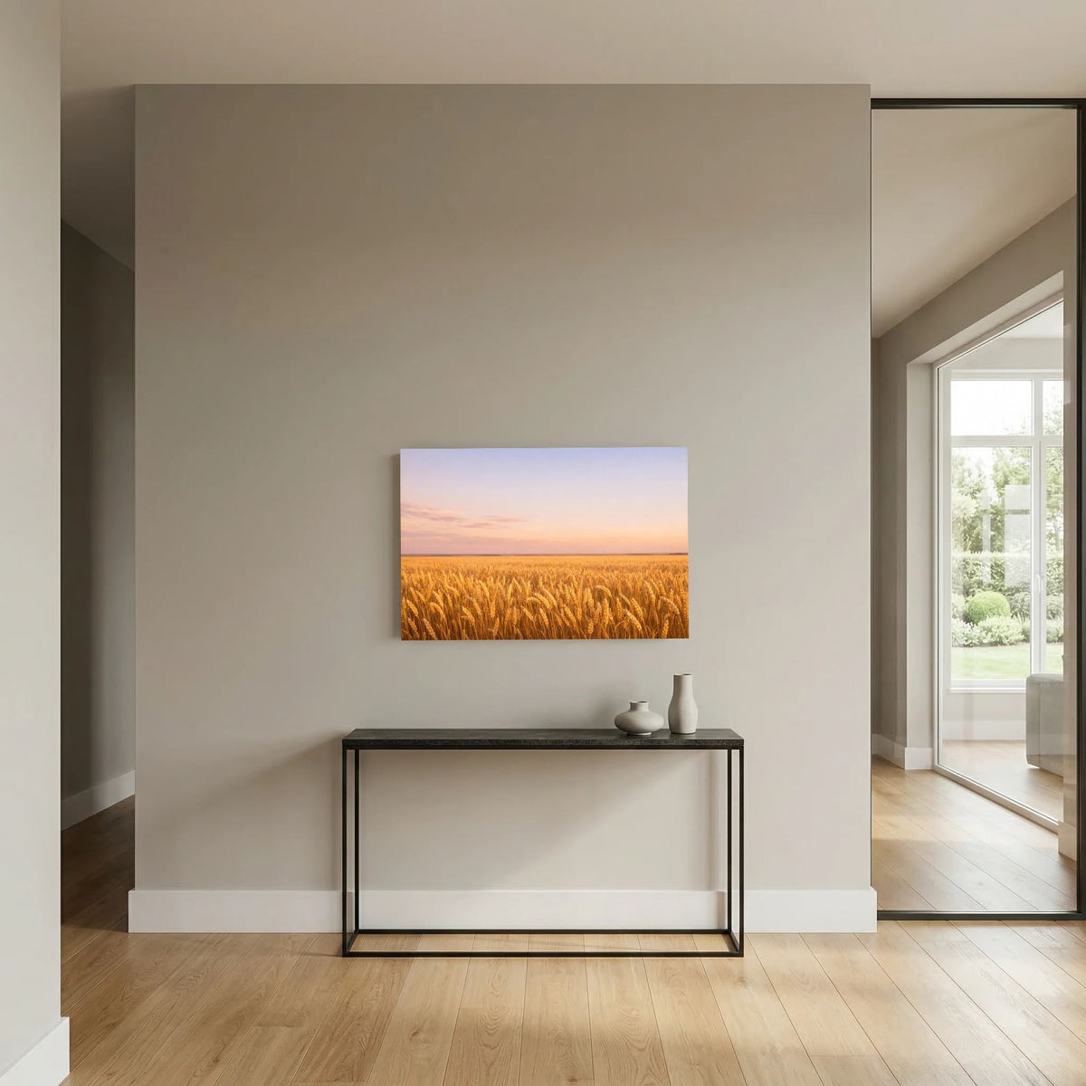 Rechteckiges Wandbild-Poster mit goldenem Weizenfeld im Sonnenuntergang, Querformat.
