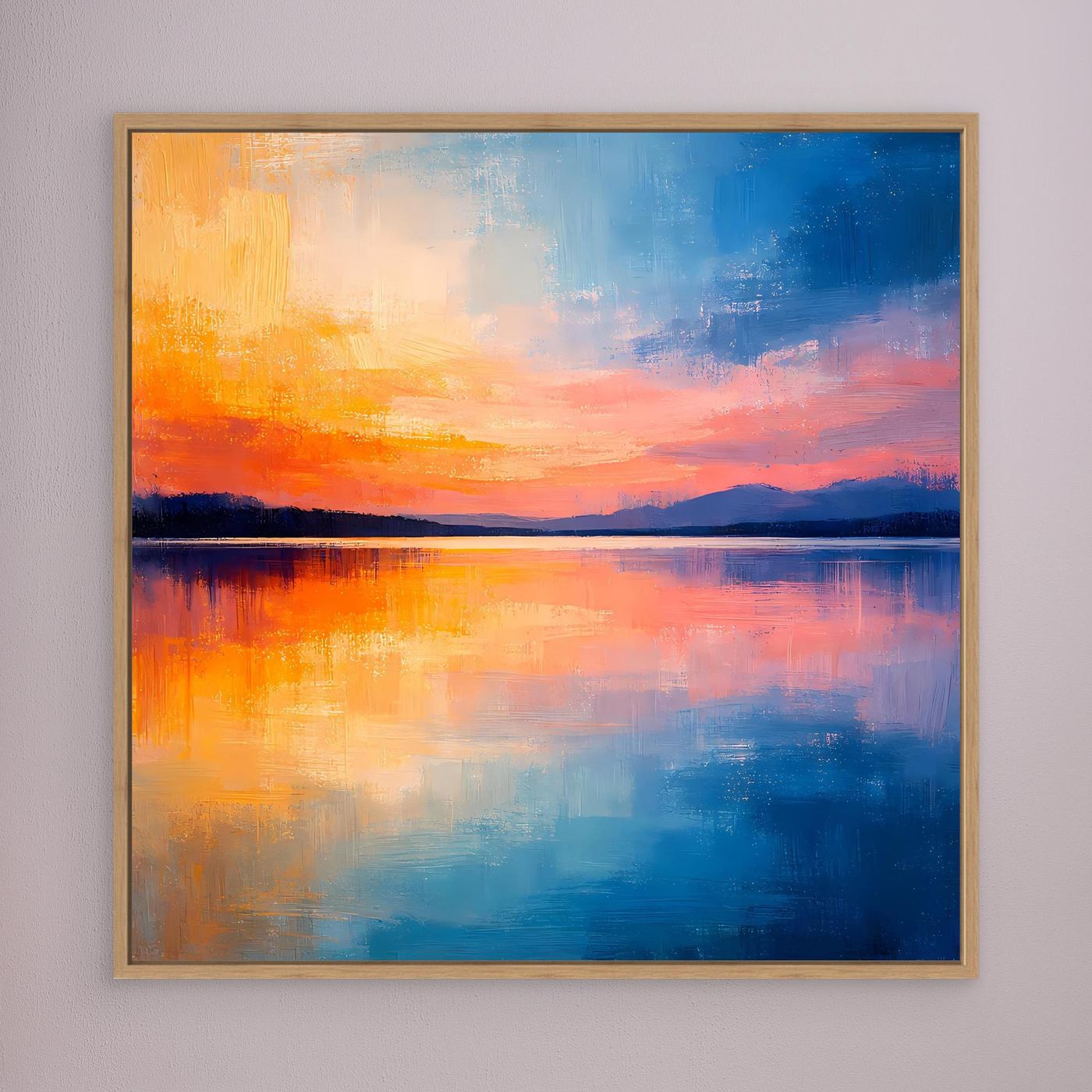 Abstraktes Wandbild: See bei Sonnenuntergang, blau-orange, mit Holzrahmen