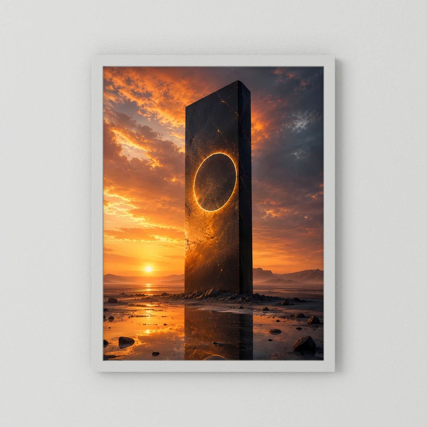 Hochformat-Poster mit weißem Passepartout, Monolith mit goldenem Portal bei Sonnenuntergang.