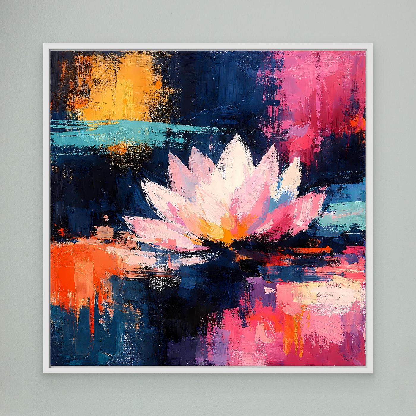 Abstraktes Lotus-Leinwandbild mit leuchtender Blüte, orange-blau-pink, weißer Rahmen