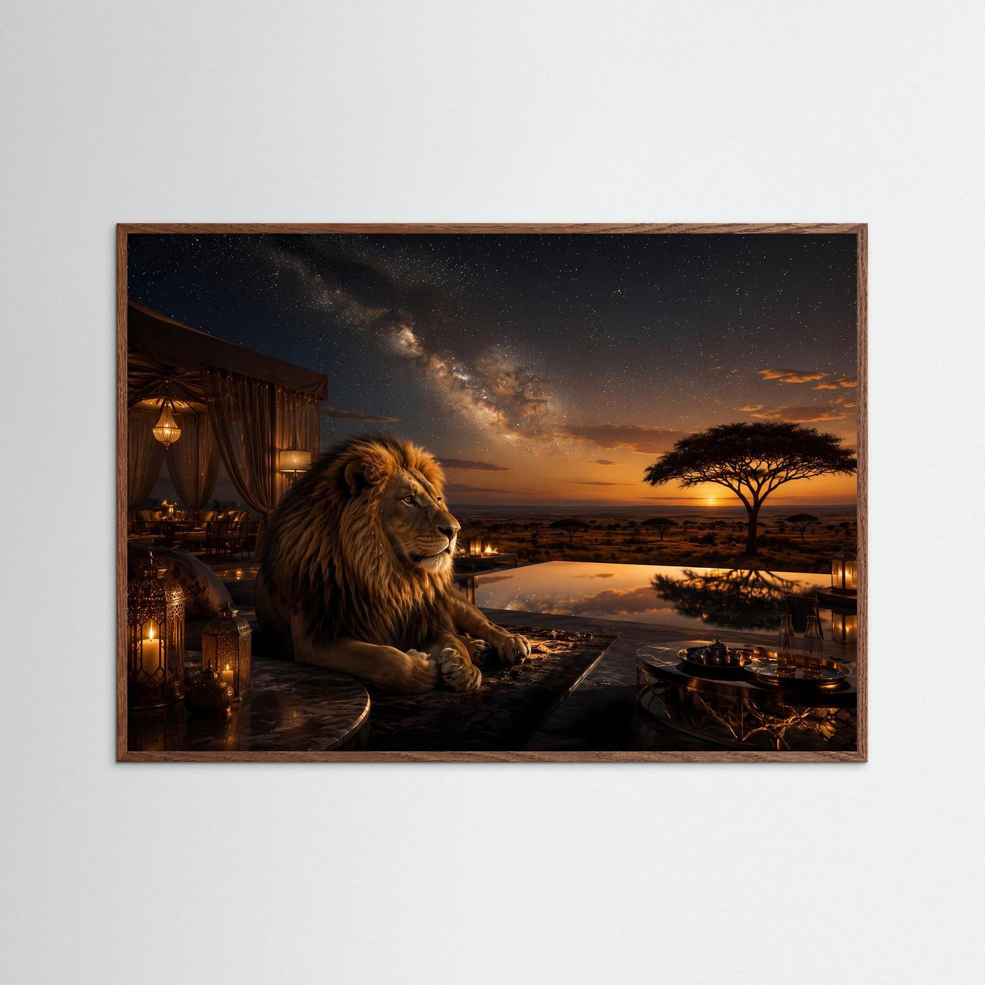 Majestätischer Löwe unter Sternenhimmel | Luxus Safari & Afrika Poster Querformat