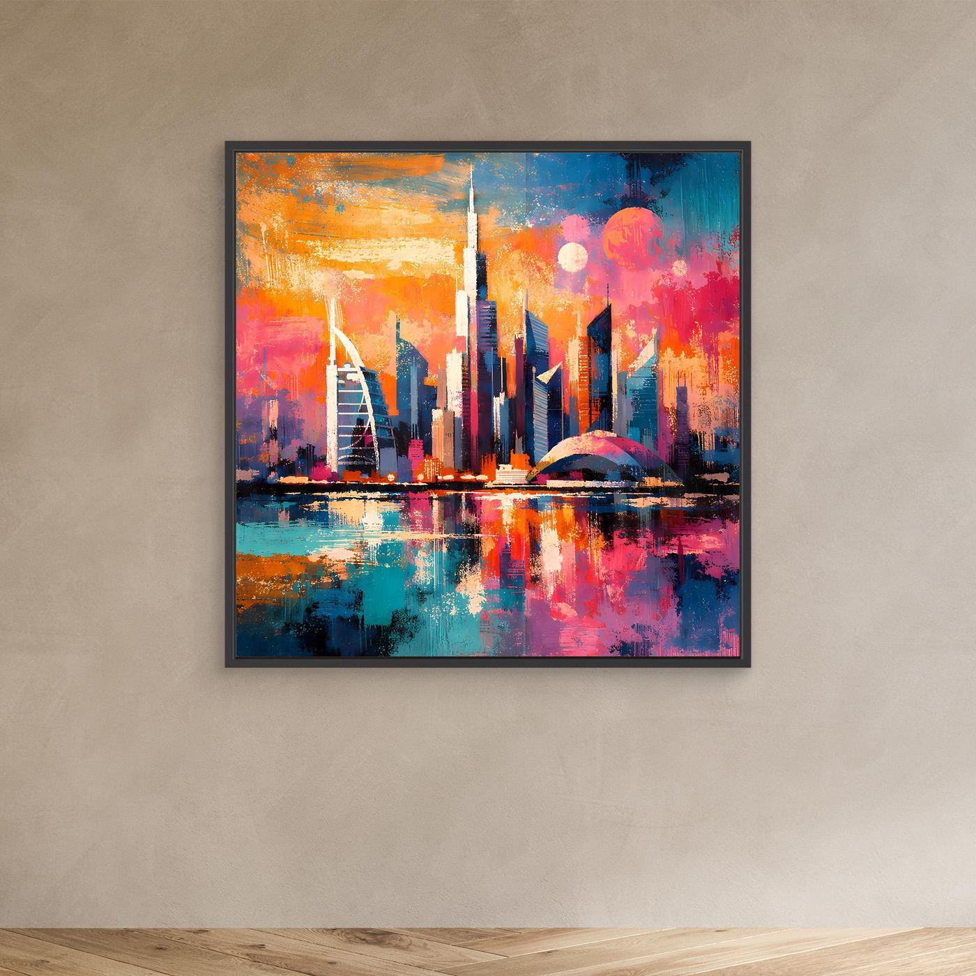 Abstraktes Leinwand-Wandbild mit bunter Dubai-Skyline bei Nacht, dunkel gerahmt