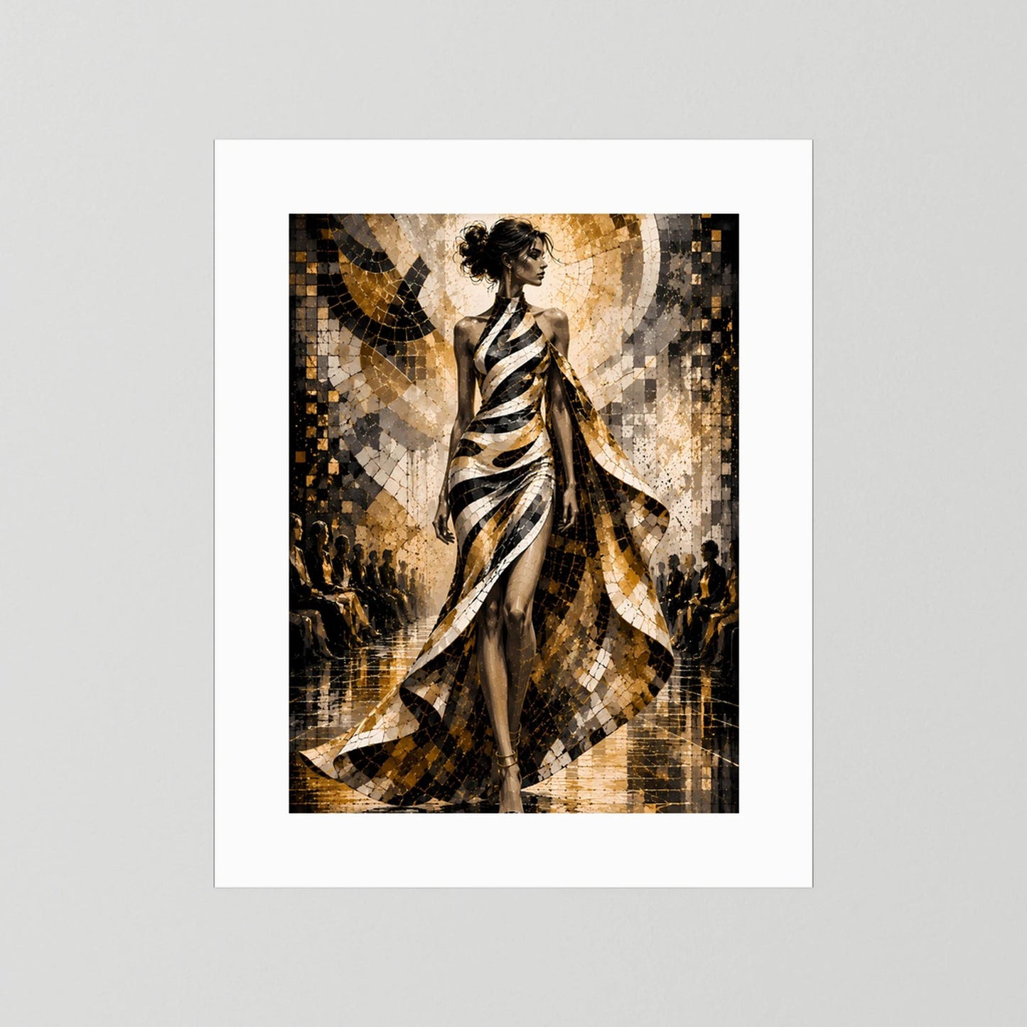 Poster im Hochformat mit weißem Passepartout und stilisierter Frau im Schwarz-Weiß-Gold-Kleid
