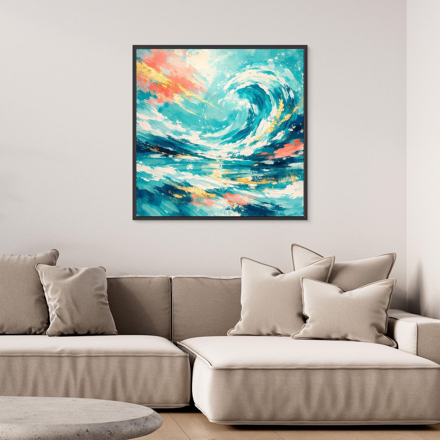 Leinwandbild abstrakte Meereswelle mit Rahmen in dunklem Ton, Türkis, Blau und Gold