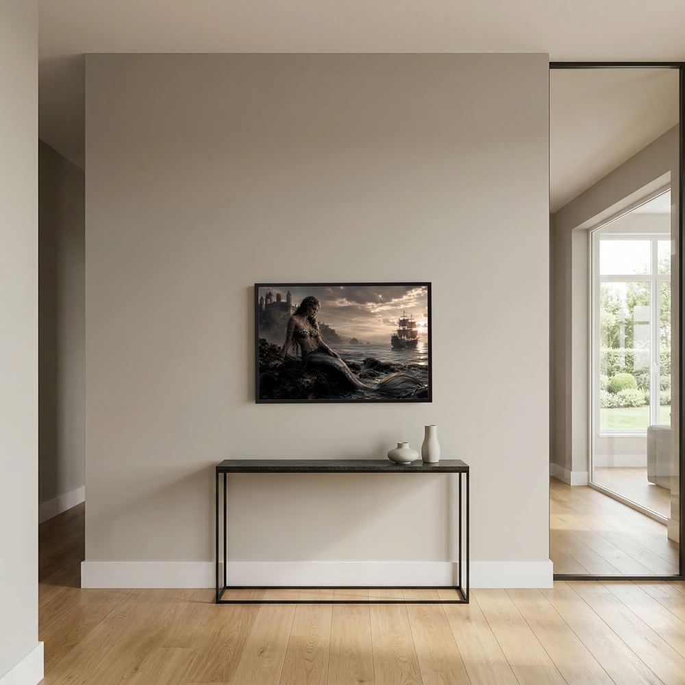 Wandbild mit Meerjungfrau am Strand und Segelschiff, schwarz gerahmt, an der Wand