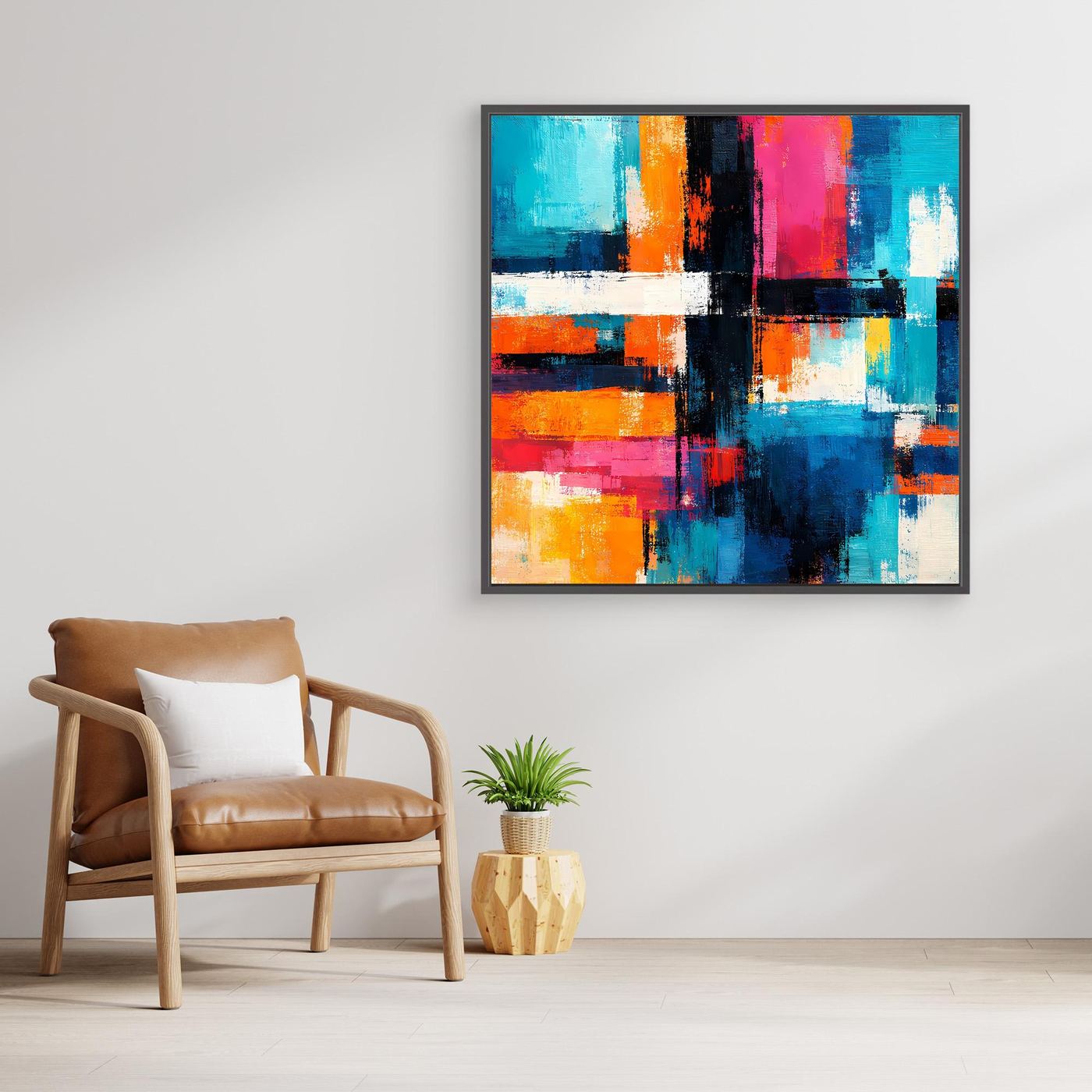 Abstract geometric canvas wall art featuring teal and blue squares, pink stripes, and orange bars