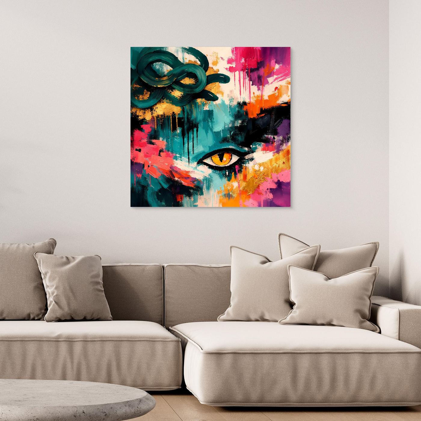 Abstraktes Leinwand-Wandbild mit Medusa-Auge in Türkis, Pink und Gelb