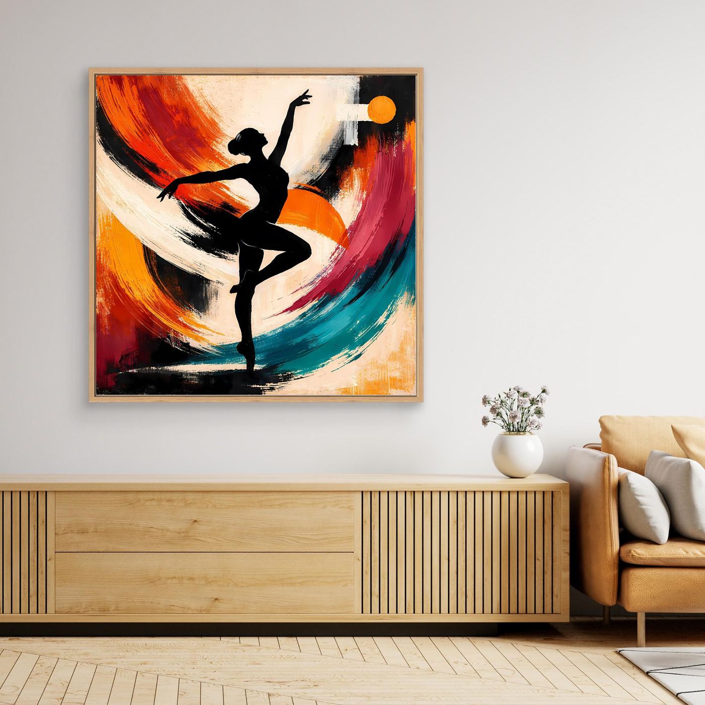 Leinwandbild mit abstrakter Ballerina: schwarze Figur, orange und türkisfarbene Pinselwirbel