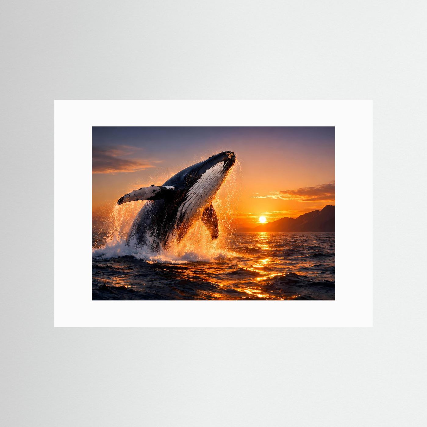 Panoramaposter mit springendem Buckelwal über dem Meer bei Sonnenuntergang, weißer Rand