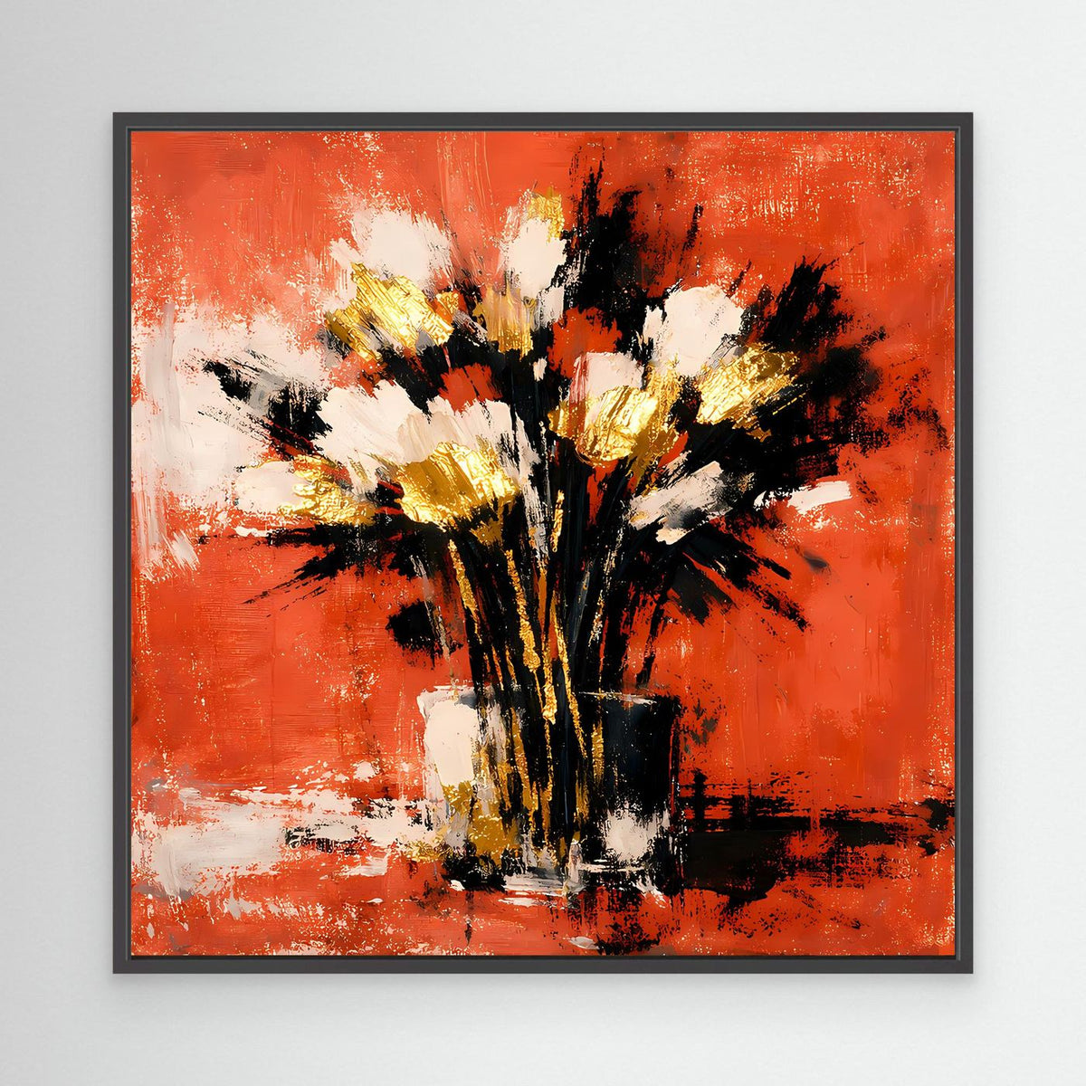 Leinwand-Wandbild mit abstraktem Blumenstrauß in Terrakotta, Weiß und Gold im schwarzen Rahmen