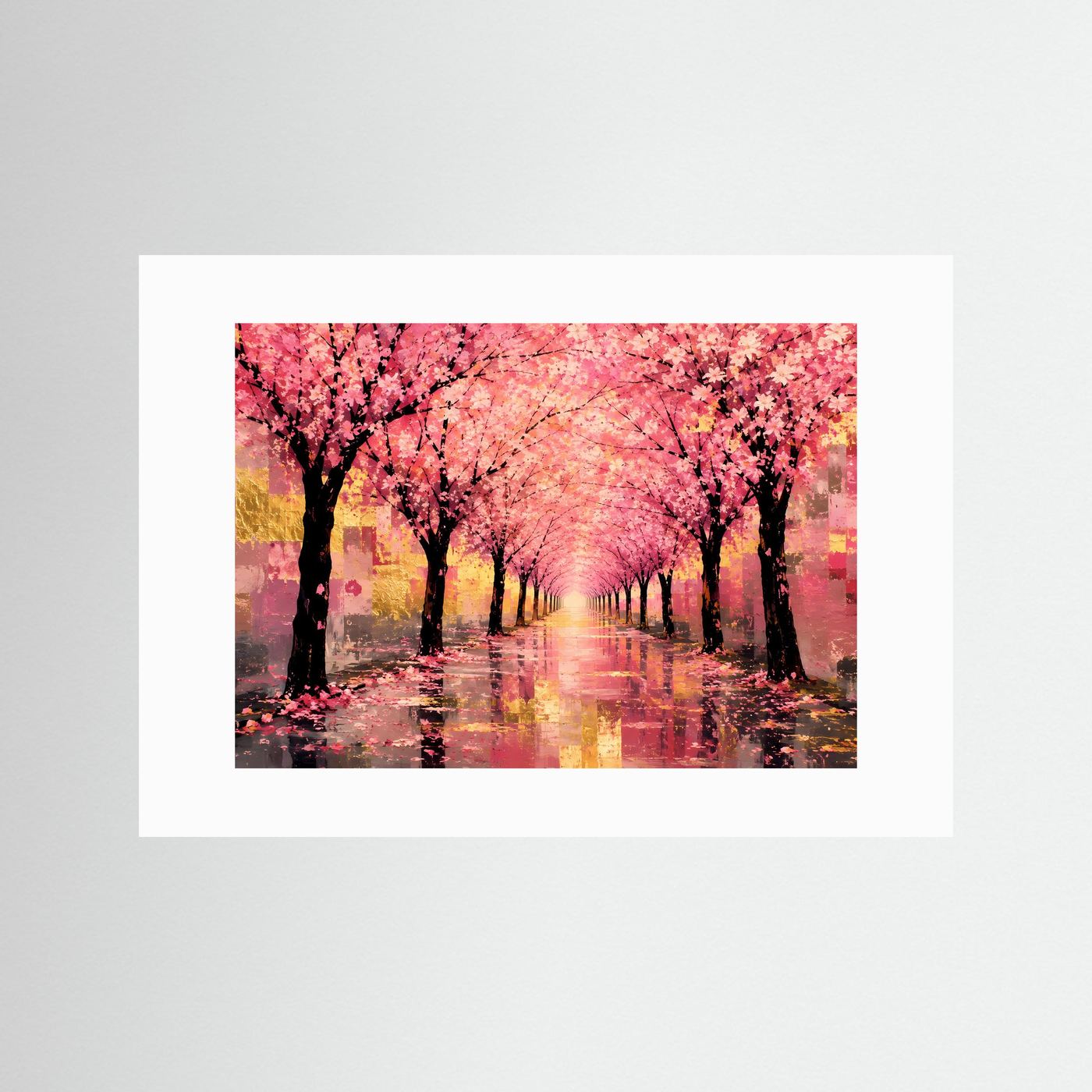 Kunstposter mit weißem Passepartout und Motiv Kirschblütenallee mit rosa Baumreihe