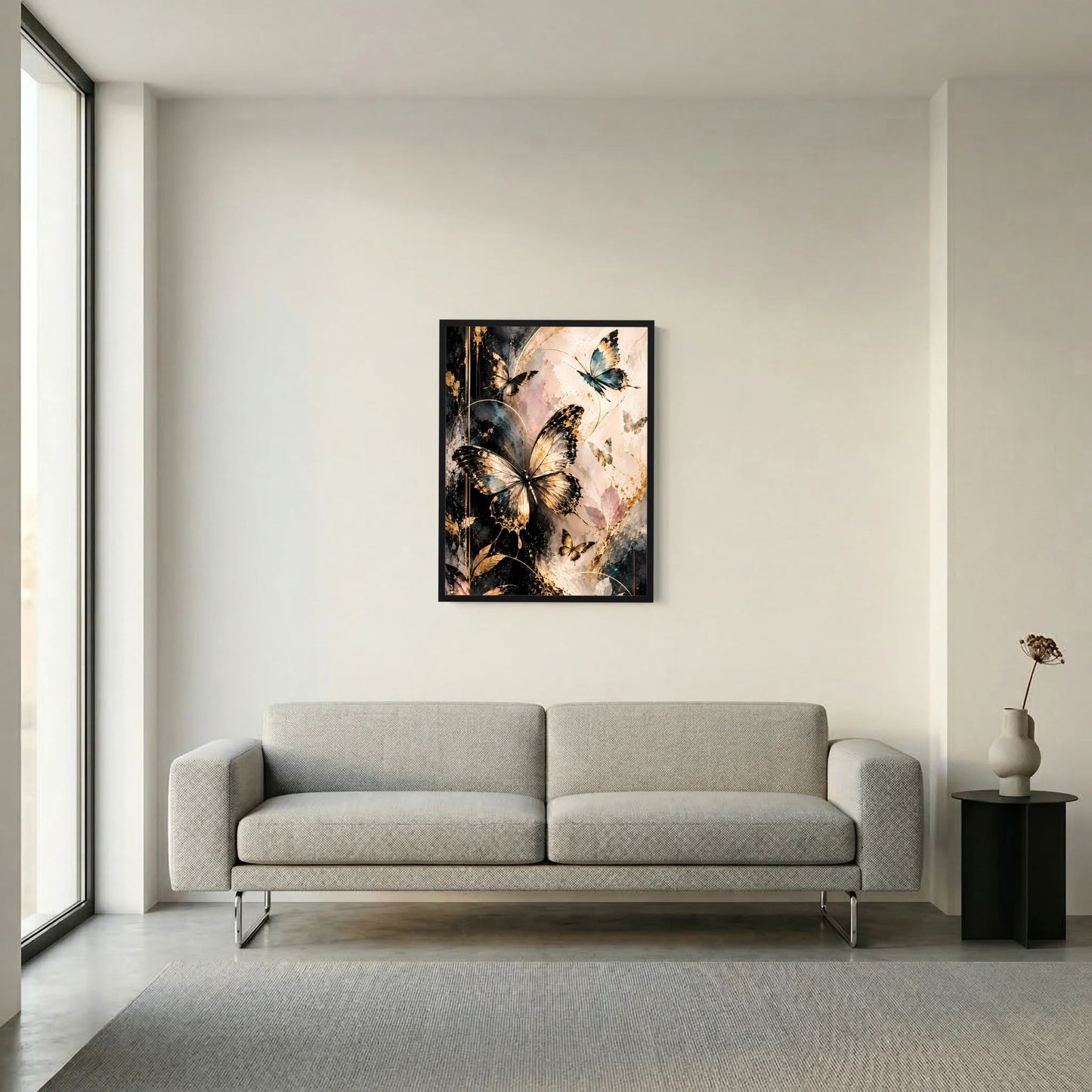 Großes Poster im schwarzen Rahmen mit gold-schwarzen Schmetterlingen an der Wand