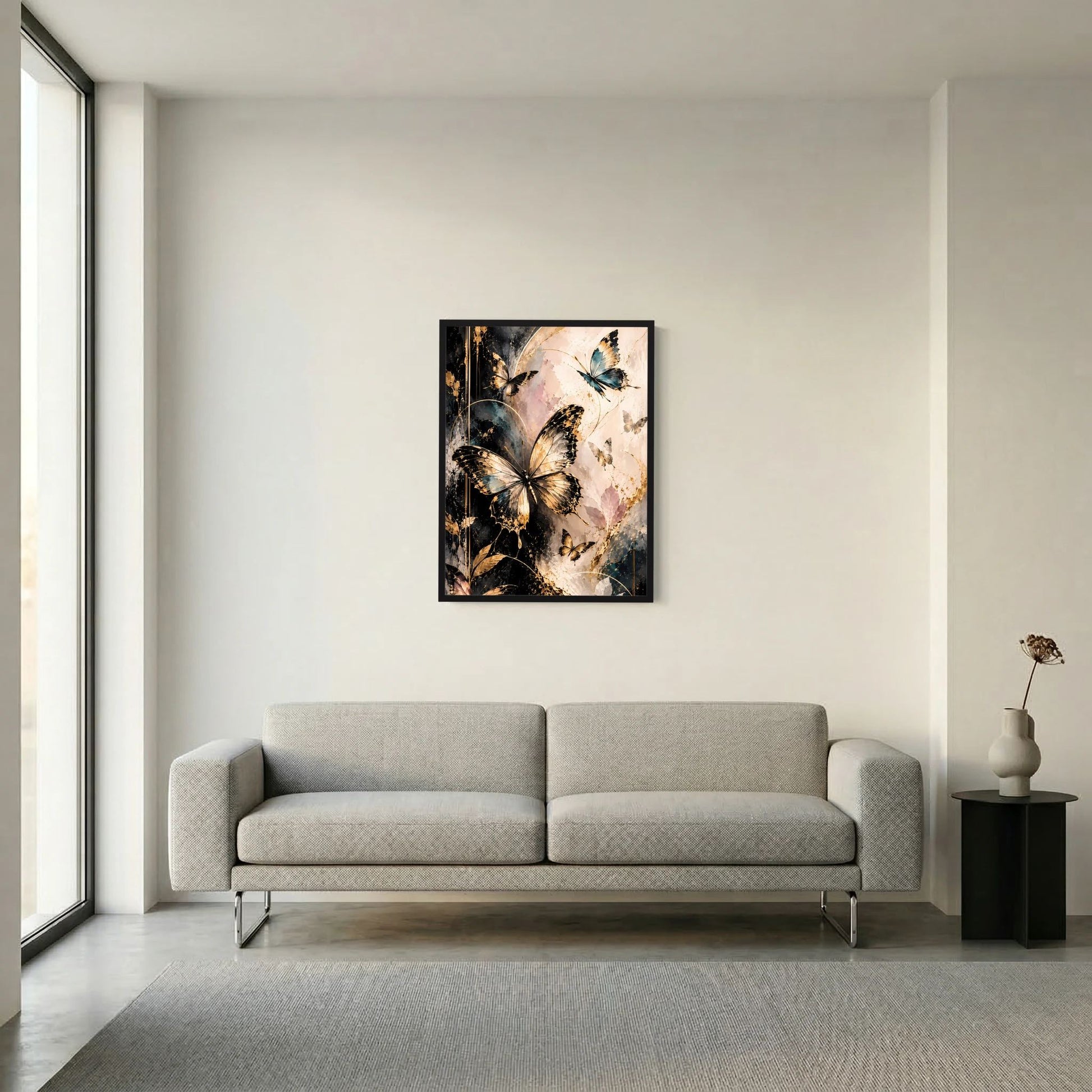 Großes Poster im schwarzen Rahmen mit gold-schwarzen Schmetterlingen an der Wand