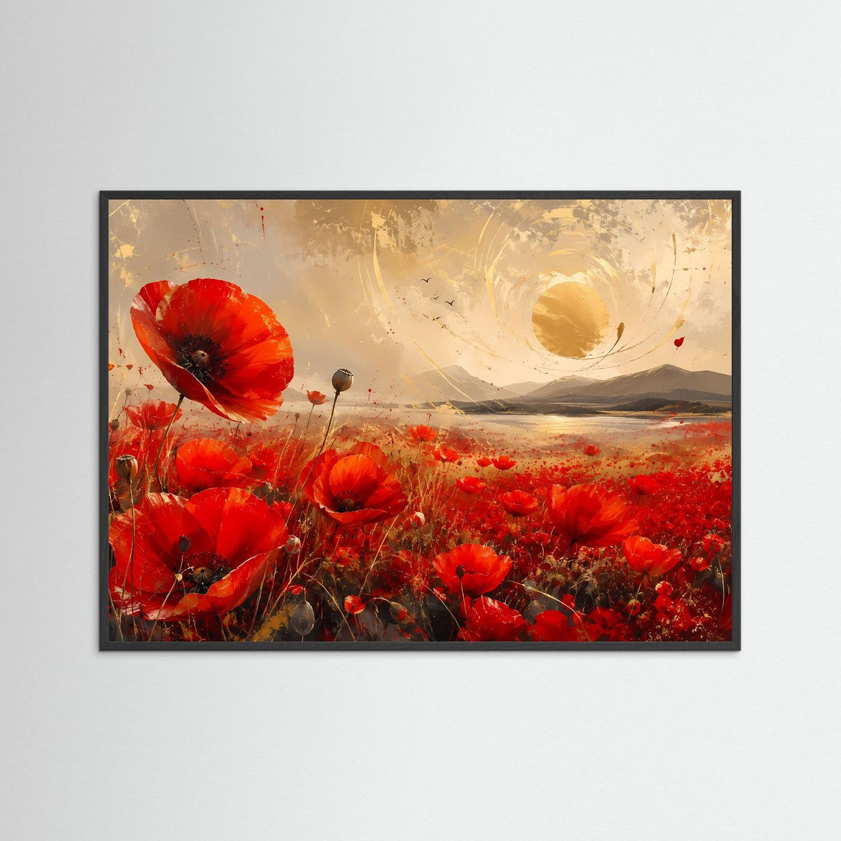 Gerahmtes Wandbild mit roten Mohnblumen und goldener Sonne über einer Landschaft