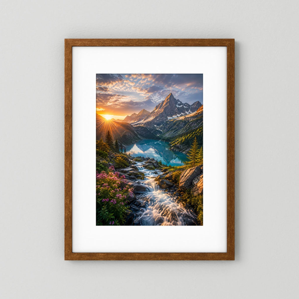 Vertikales Poster mit Bergpanorama, türkisfarbenem See und Wasserfall, brauner Rahmen mit weißem Rand
