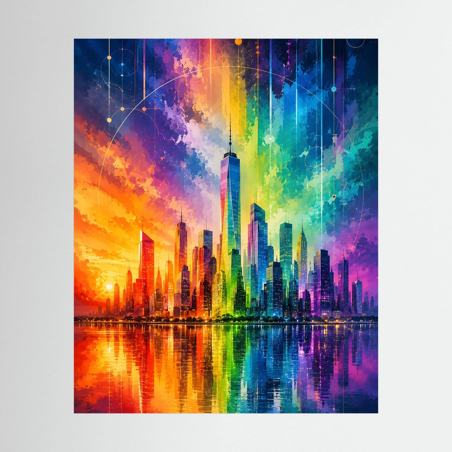Abstraktes Skyline-Stadtposter in Regenbogenfarben, Hochformat mit reflektierendem Stadtwasser