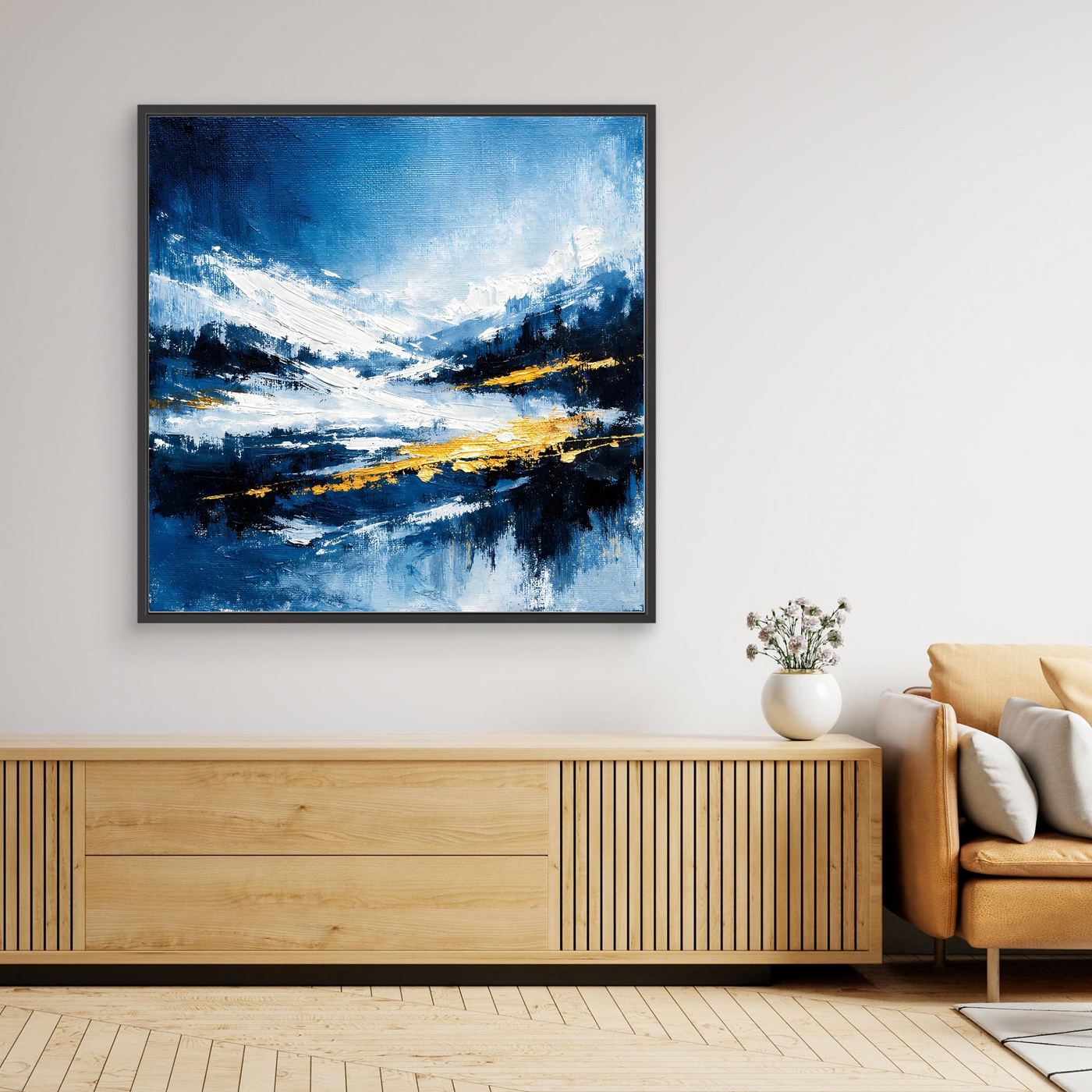 Leinwand Abstraktes Wintergemälde in Blau und Gold | Modernes Schnee & Berge Wandbild
