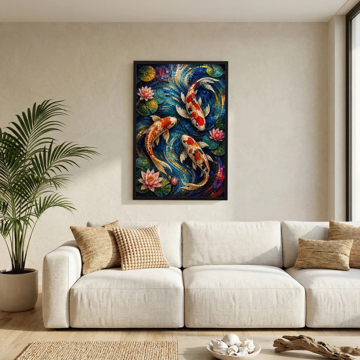 Koi Fische im Seerosenteich | Japanisches Mosaik in Blau & Gold | Poster Hochformat