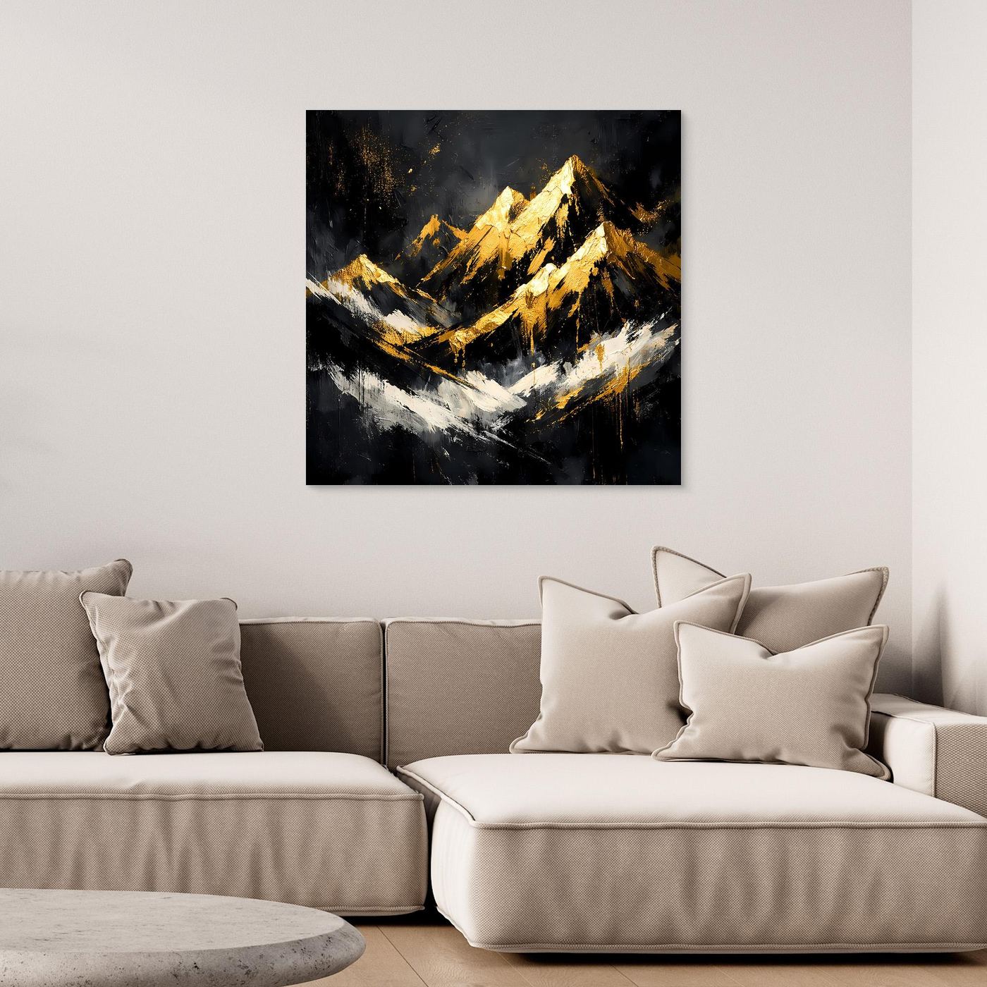 Leinwand Goldene Berggipfel im Abendlicht | Modernes Abstraktes Berg Wandbild