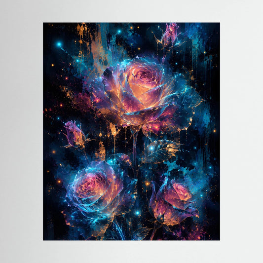 Wandbild mit leuchtenden Rosen in Blau, Pink und Gold, schwarzer Rahmen