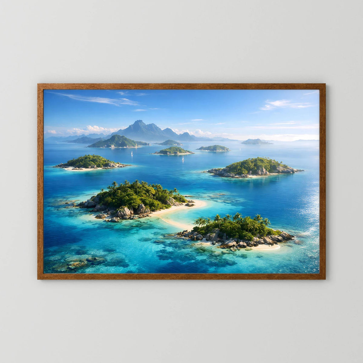 Querformat-Wandbild mit tropischen Inseln im türkisblauen Meer, brauner Holzrahmen