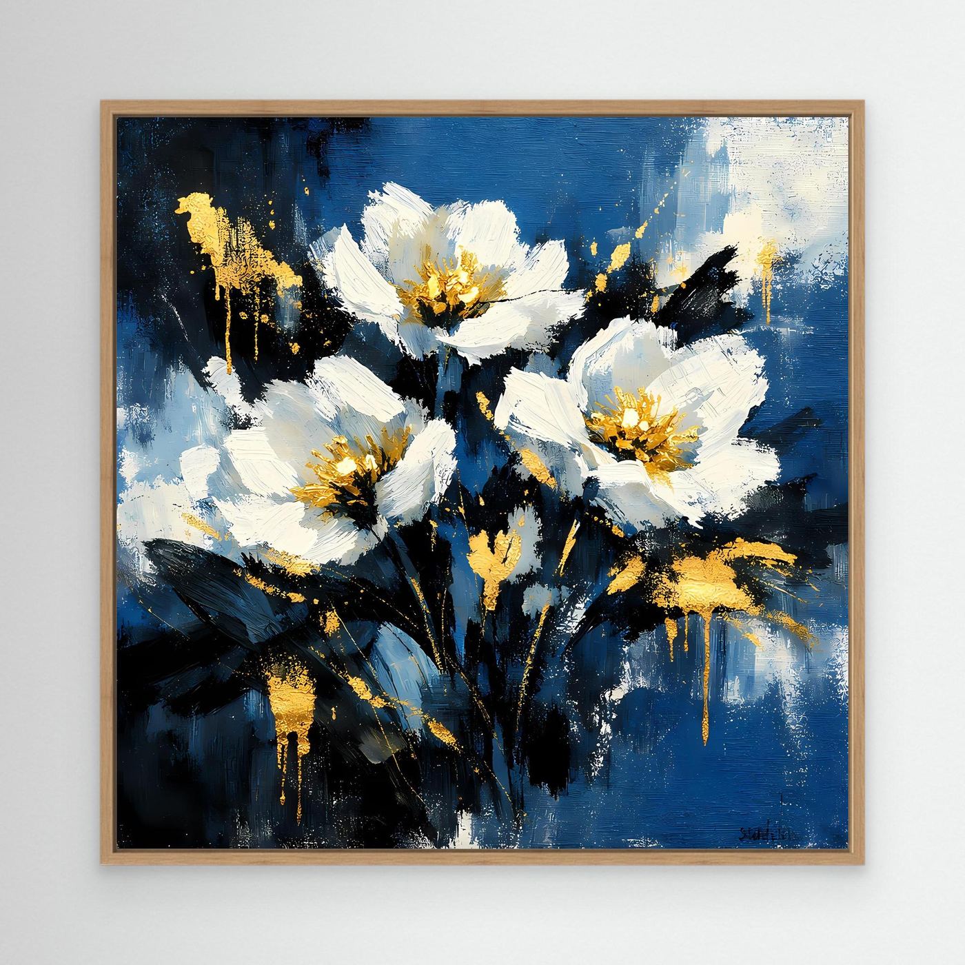 Blumen-Leinwand mit weißen und goldenen Blüten auf blauem Hintergrund, Holzrahmen (Eiche)