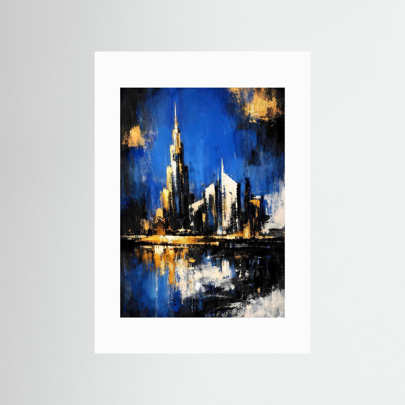 Abstraktes Skyline-Kunstposter mit weißem Passepartout, königsblau, Gold und Schwarz, hochkant