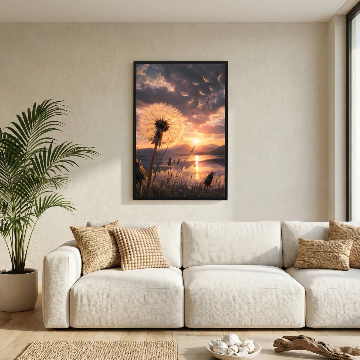 Wand-Poster mit Pusteblume im Sonnenuntergang im schwarzen Rahmen