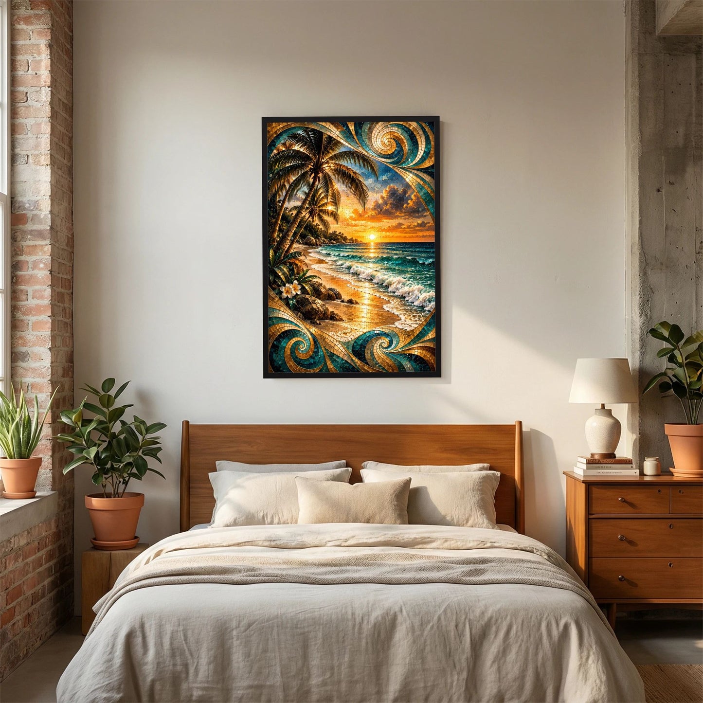 Tropischer Strand bei Sonnenuntergang | Mosaik Kunst in Türkis & Gold | Poster Hochformat