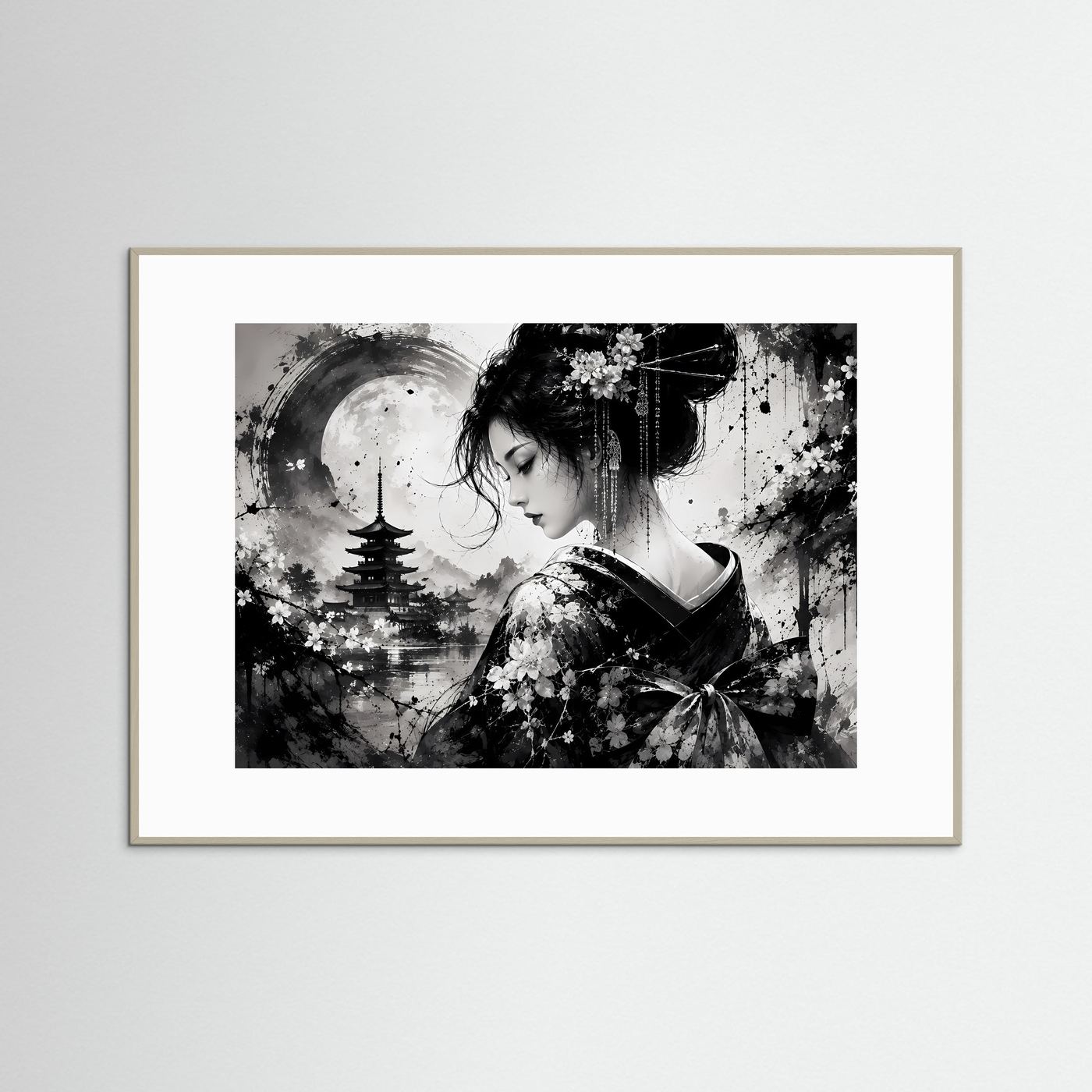 Geisha Poster Schwarz Weiß | Japanische Pagode & Vollmond | Sumi-e Wandbild | Asiatische Zen Kunst | Moderne Japan Wall Art