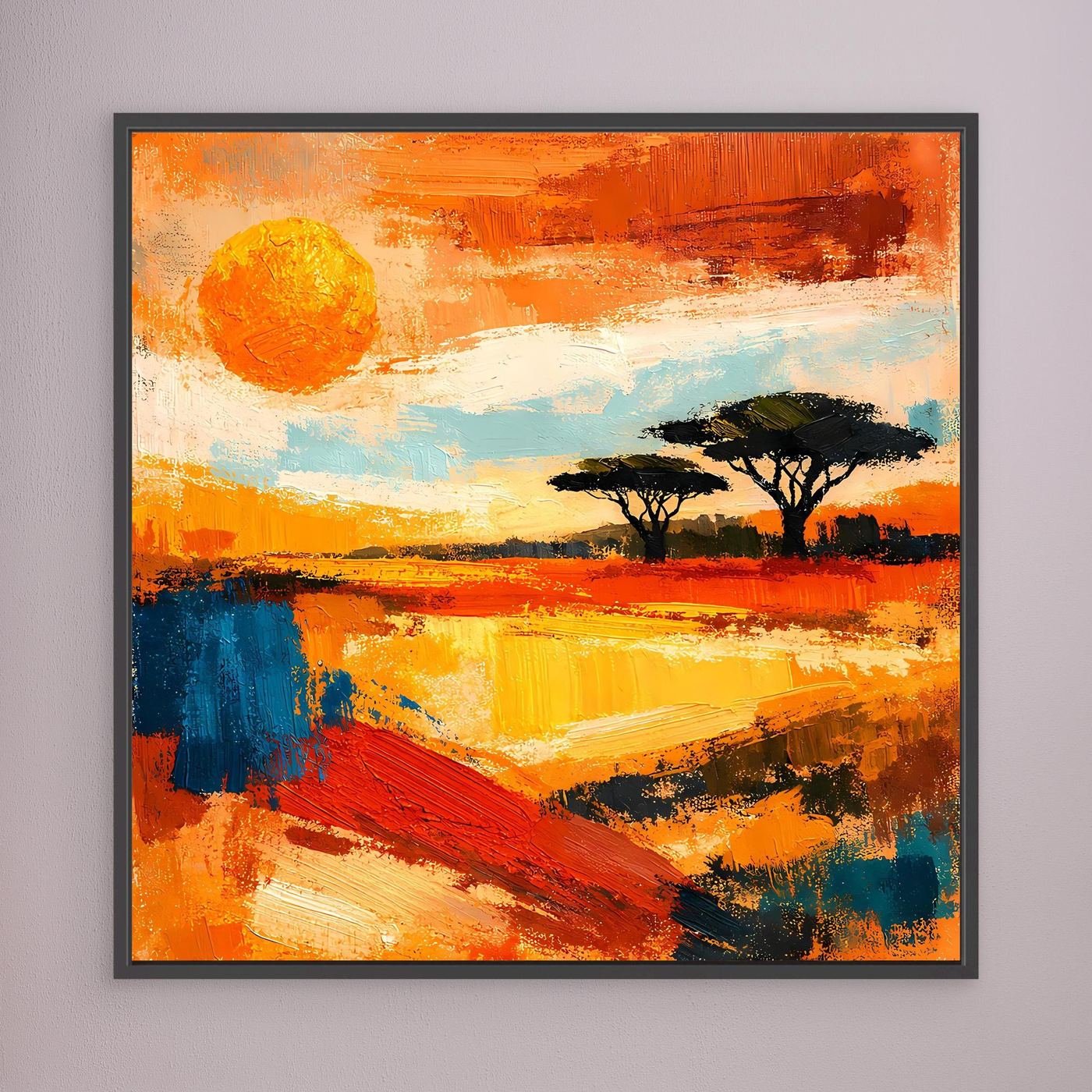 Abstract savanna sunset canvas wall art with dark border frame and large sun circle.