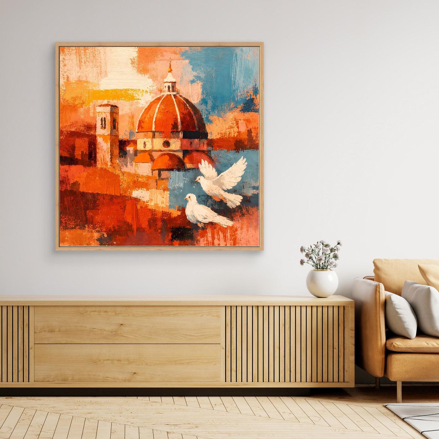 Gerahmtes abstraktes Leinwand-Wandbild: orange-roter Kuppelbau und weiße Tauben