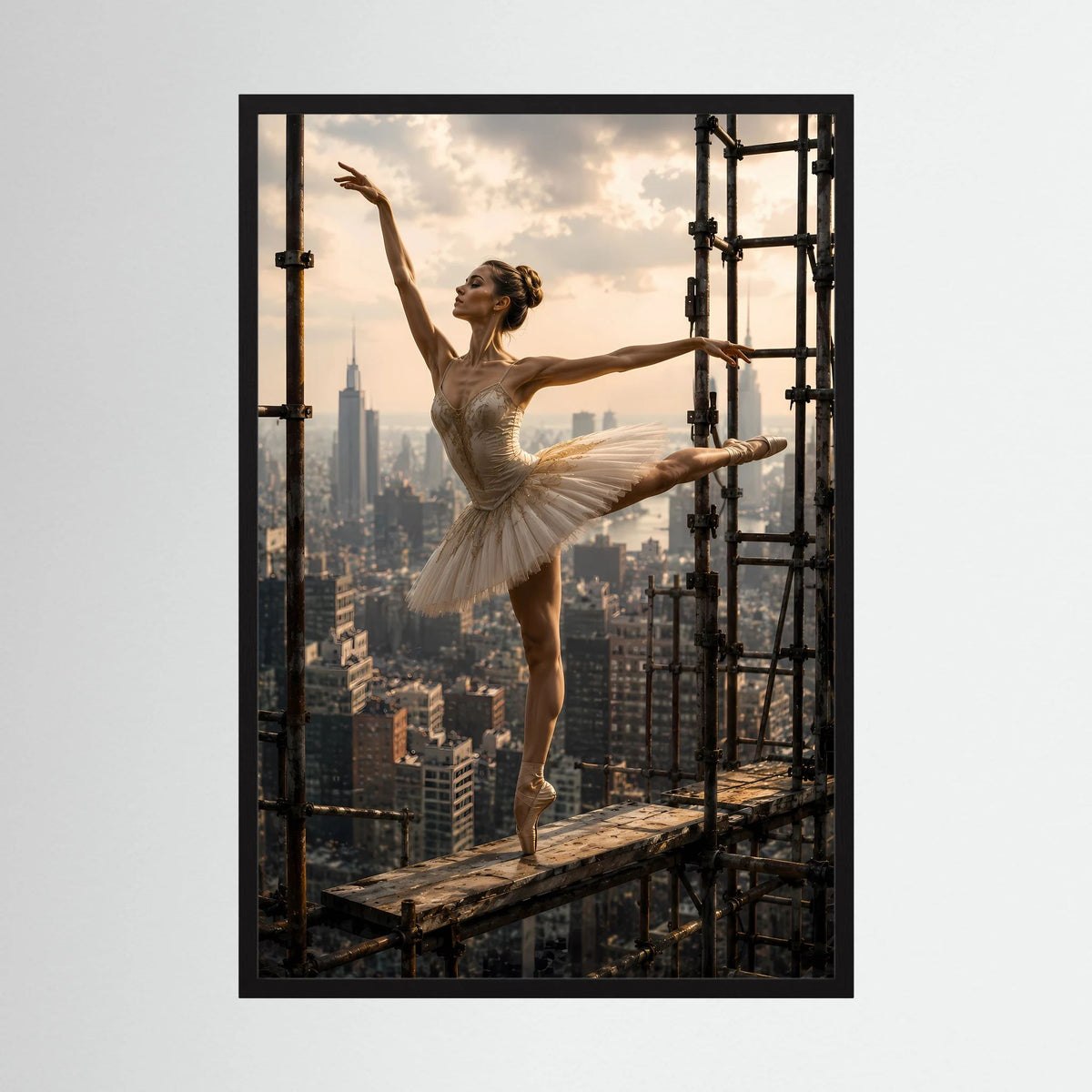 Poster Hochformat: Ballerina im beigen Tutu vor Skyline, schwarzer Rahmen