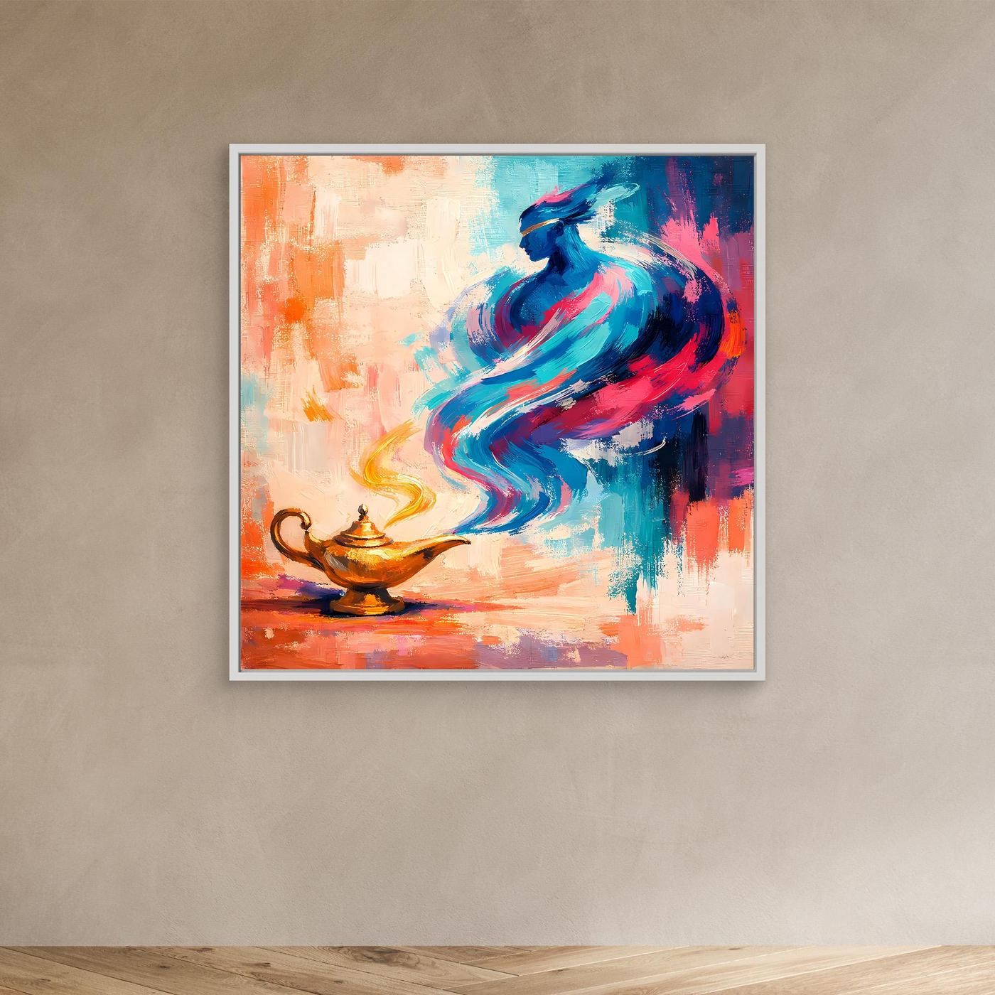 Weiß gerahmtes Leinwand-Wandbild mit abstraktem blauem Flaschengeist und goldener Lampe