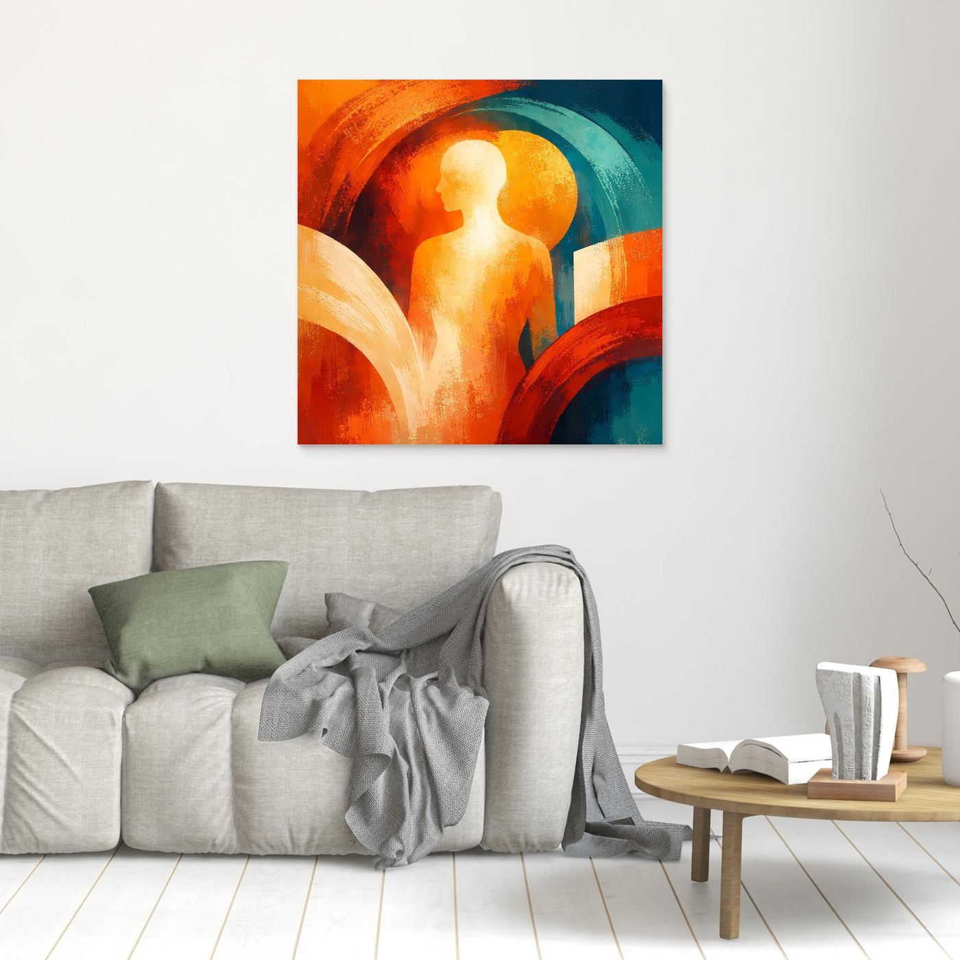Kleines abstraktes Wandbild mit Silhouette und Sonne, orange-türkis, schwarz gerahmt
