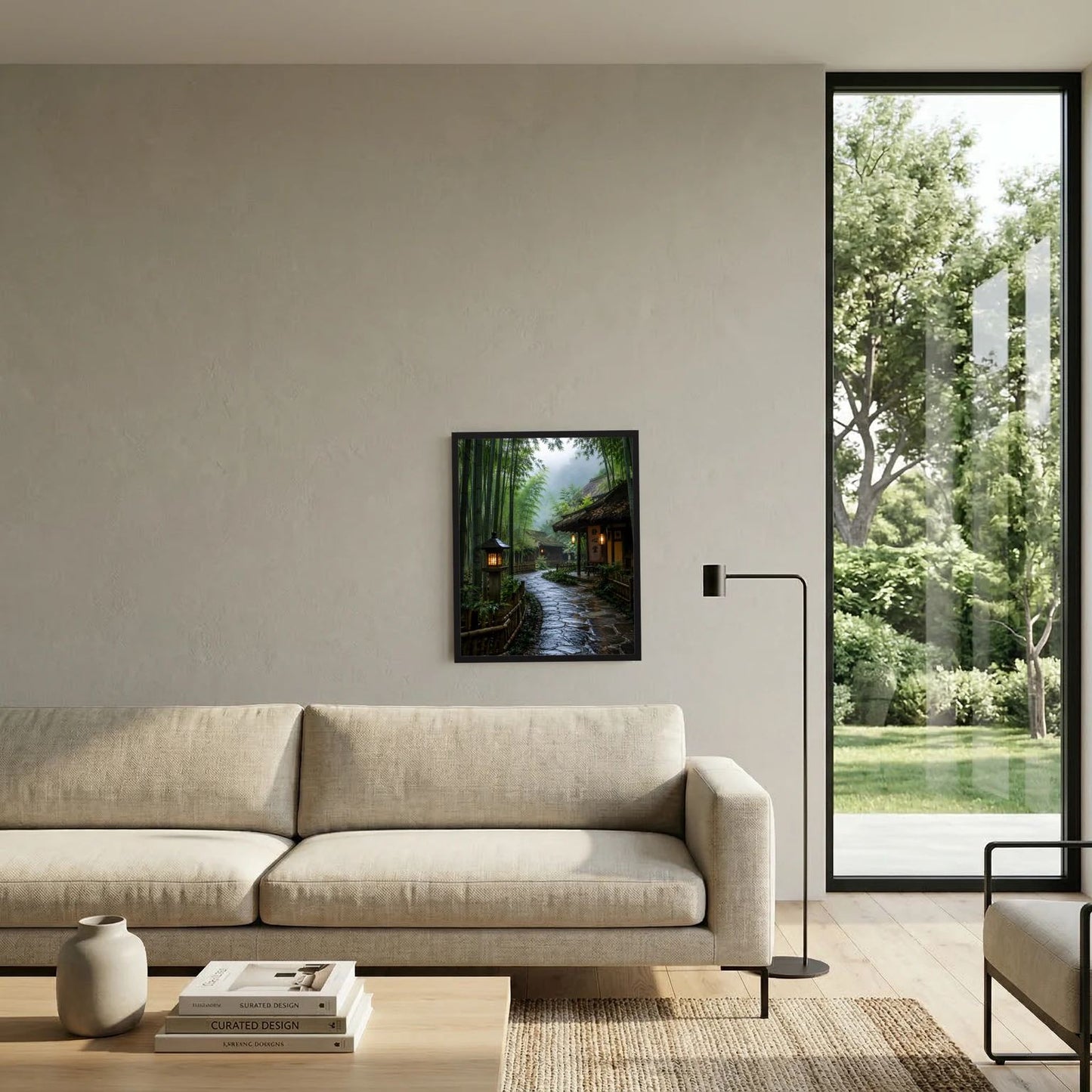 Dekoratives Wandbild im Hochformat mit japanischem Zen-Weg, Bambus und Laternen