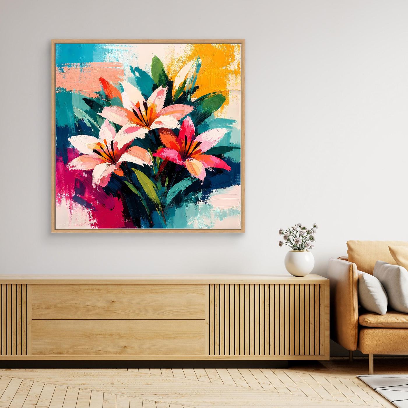 Abstract lily canvas wall art with colorful bouquet, gold frame