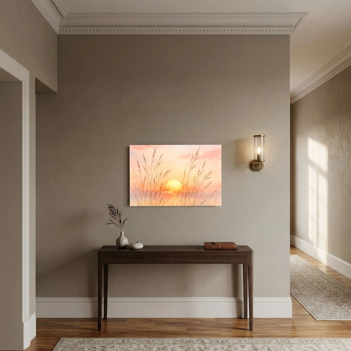 Querformatiges Aquarell-Wandbild mit goldenem Sonnenuntergang über Gräsern