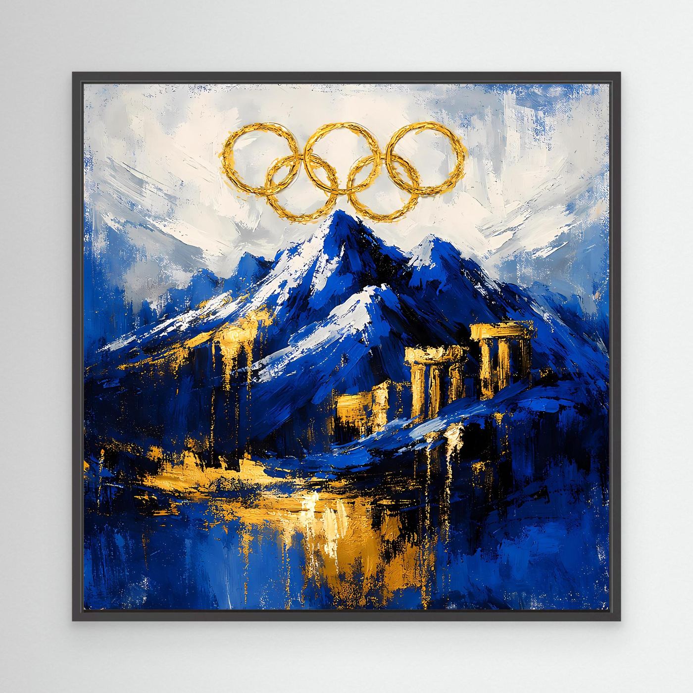 Leinwand Olympischer Geist am Mount Olympus | Abstraktes Berge Wandbild Gold Blau