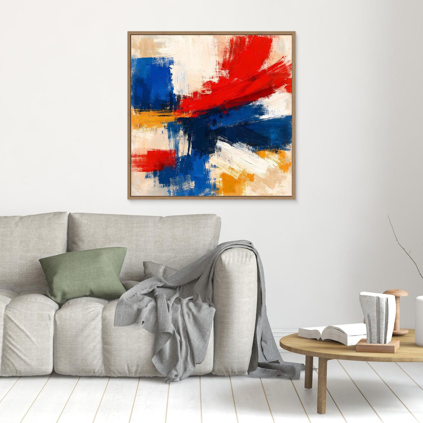 Abstract canvas wall art with red and blue brushstrokes, wood frame