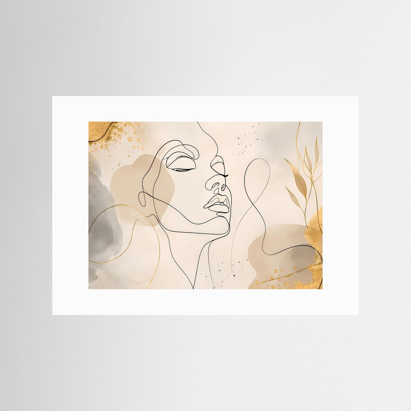Minimalistisches One Line Face Poster Beige Gold | Moderne Line Art Wandkunst Gesicht Querformat