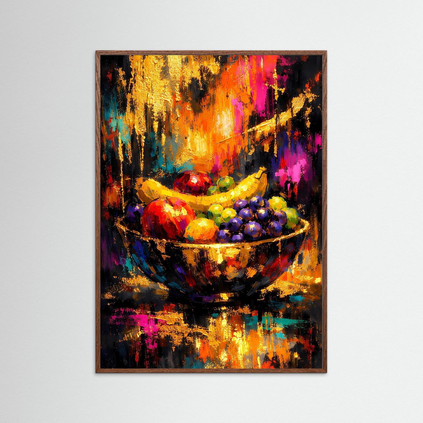 Abstraktes Stillleben-Poster: Obstschale mit bunten Früchten, dunkelbrauner Holzrahmen
