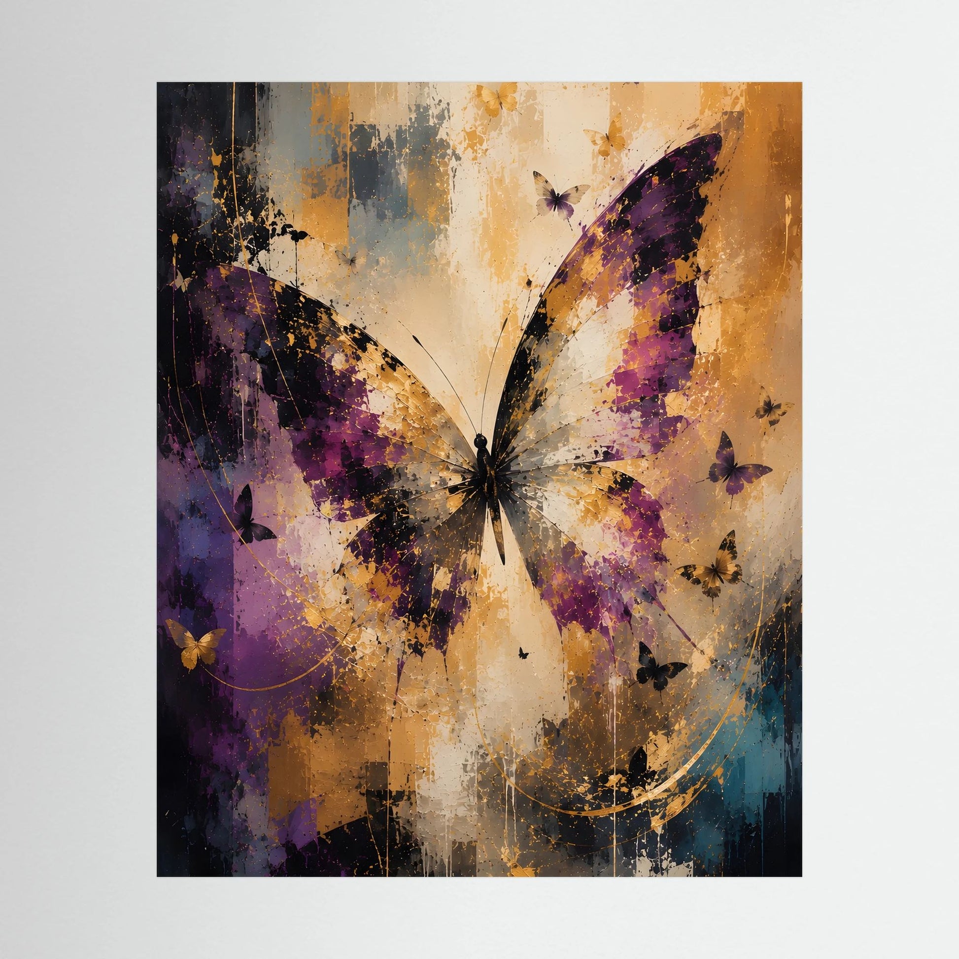 Hochformatiges Kunstposter mit abstrakten Schmetterlingen in Violett, Creme und Gold