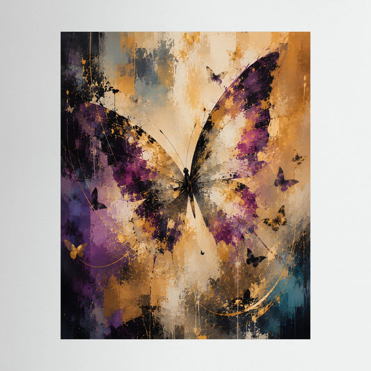 Hochformatiges Kunstposter mit abstrakten Schmetterlingen in Violett, Creme und Gold