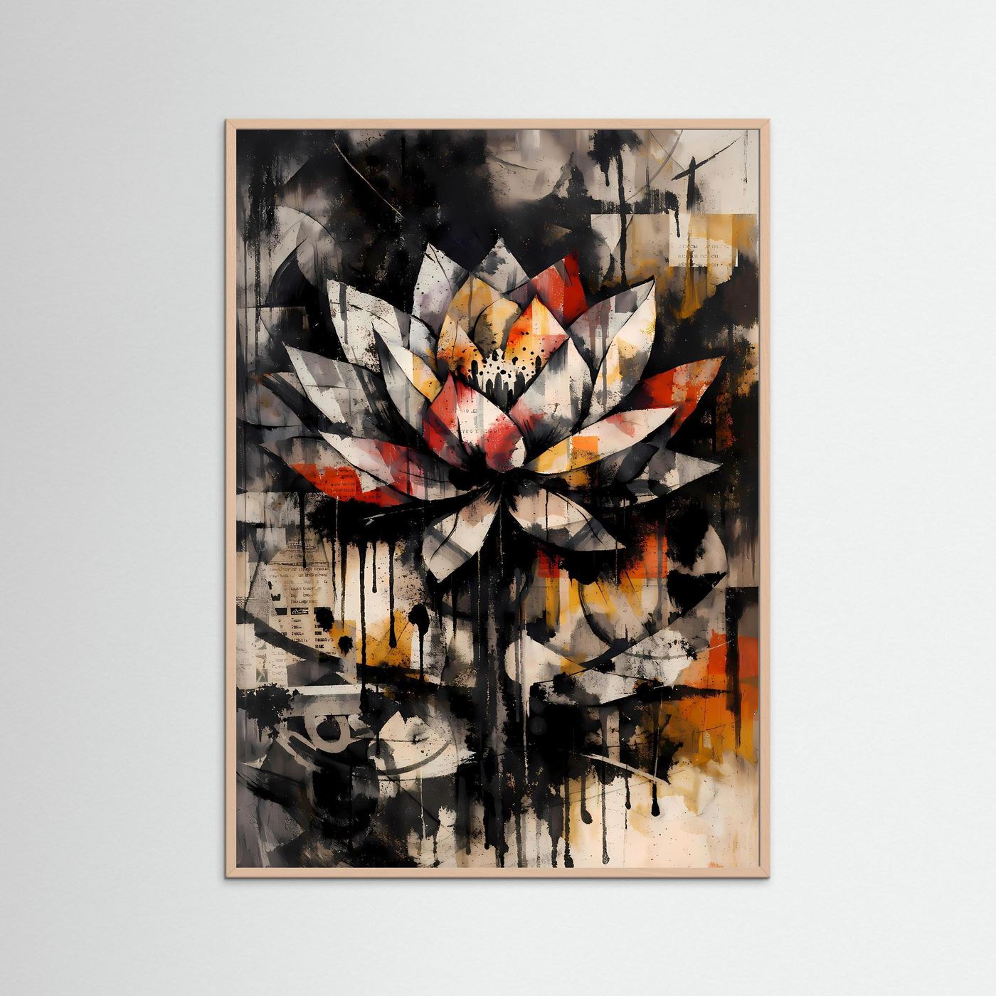 Die Kraft der Reinheit | Abstraktes Lotus Poster in Schwarz, Weiß & warmen Akzenten | Expressives Urban Art Kunstposter Hochformat