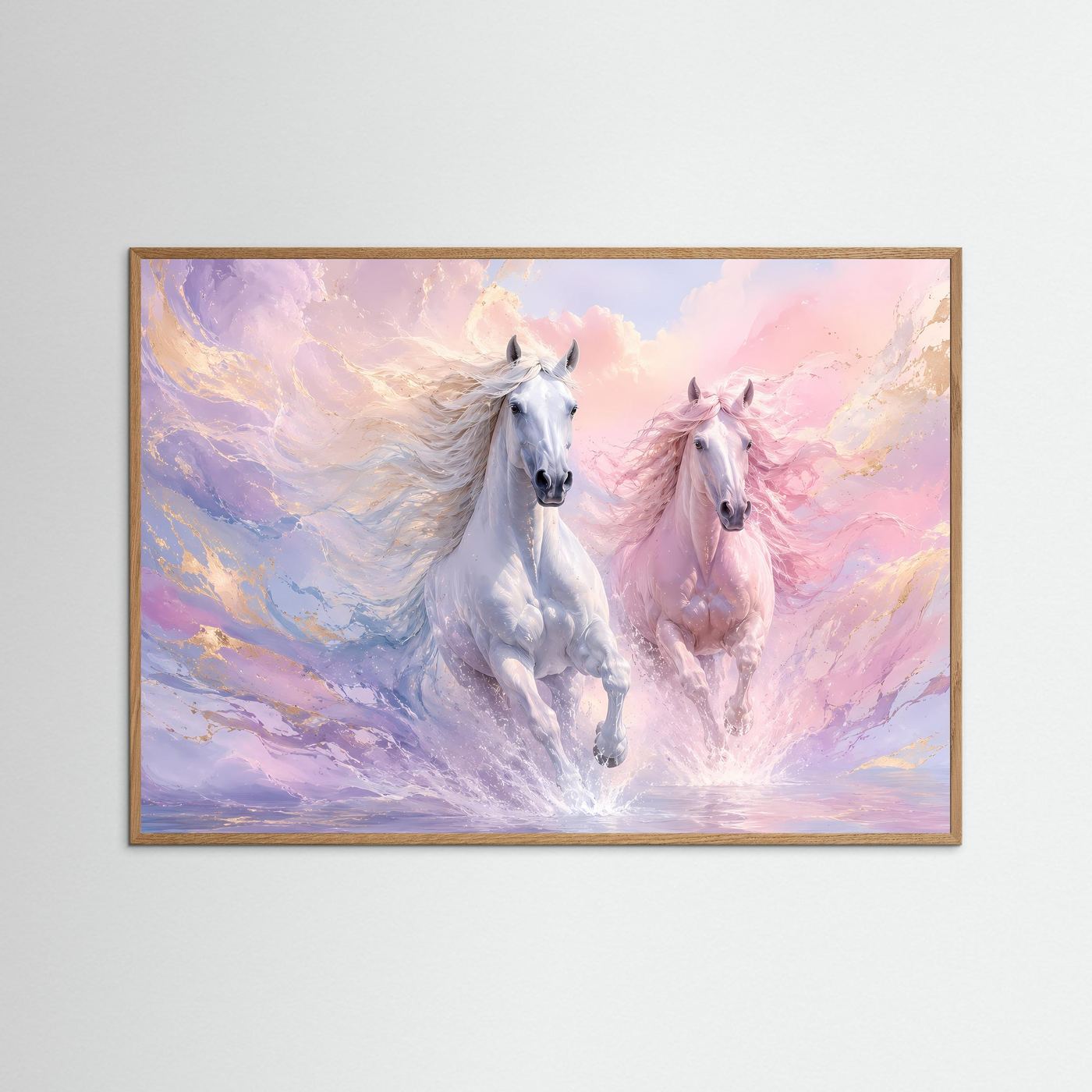 Pferde Poster Querformat | Elegante Weiße Pferde in Pastellfarben | Modernes Wandbild mit Goldakzenten