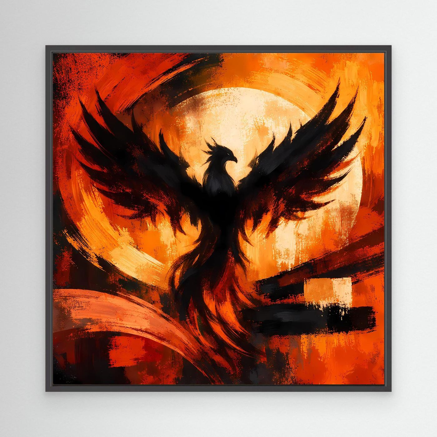 Leinwandbild mit Phönixmotiv im schwarzen Rahmen: schwarzer Vogel in Rot-Orange