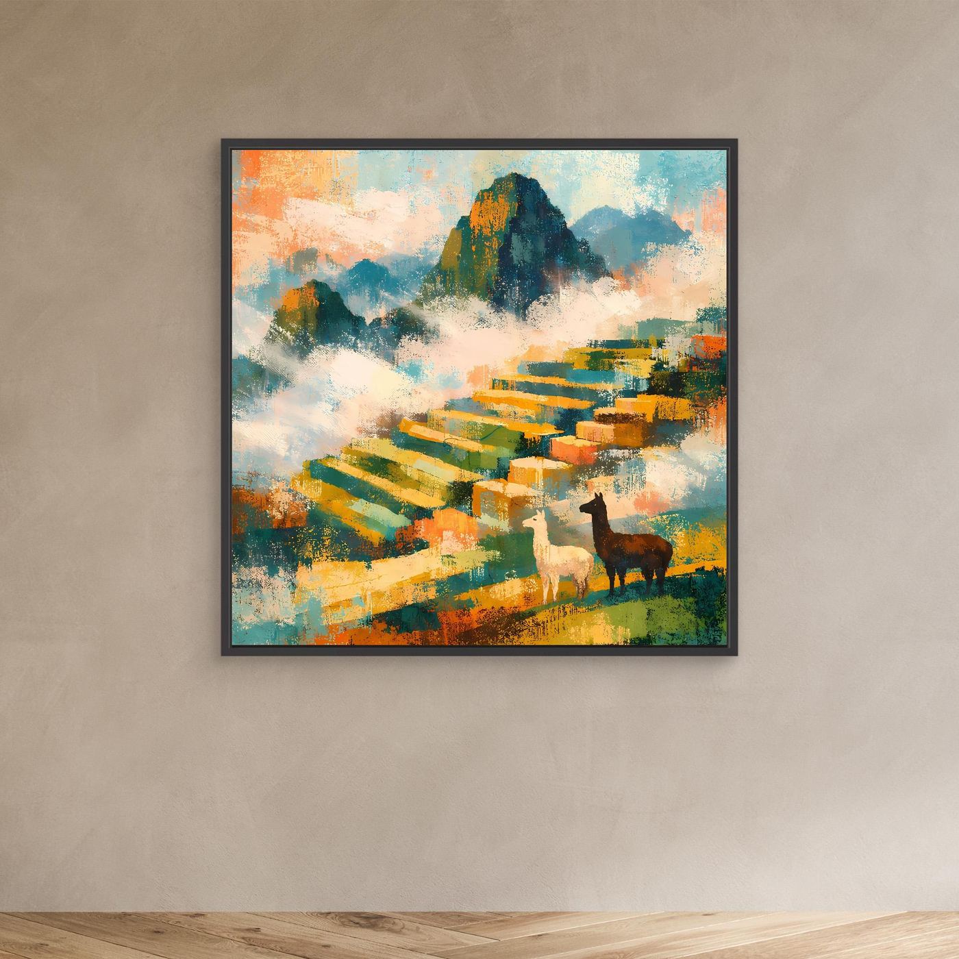 Leinwand-Wandbild mit abstrakter Landschaft, farbigen Terrassen und zwei Alpakas, schwarzer Rahmen