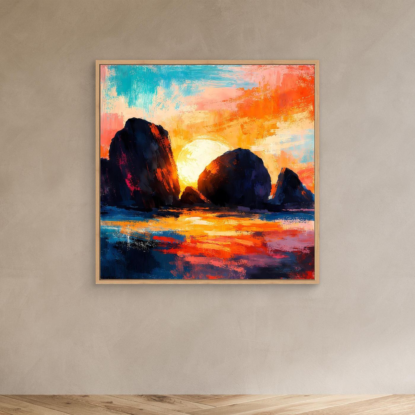 Abstraktes Küsten-Leinwandbild mit hellem Holzrahmen: dunkle Felsen, Sonne und Spiegelung im Meer